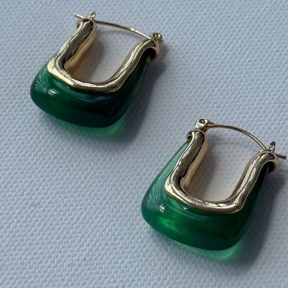 Anthropologie Casa Clara Andy Earrings Jade green stone gold hoop - Picture 9 of 9